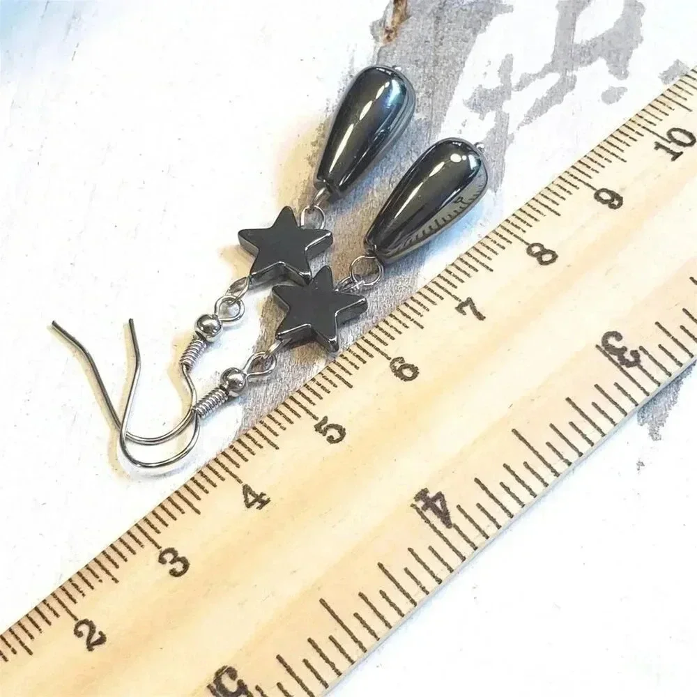 Gunmetal Gray Hematite Stars and Teardrops Gemstone Stainless Steel Earrings